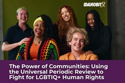 [ai] A diverse group of five individuals smiling and posing together against a green background. The image includes a text overlay about fighting for LGBTIQ+ human rights.